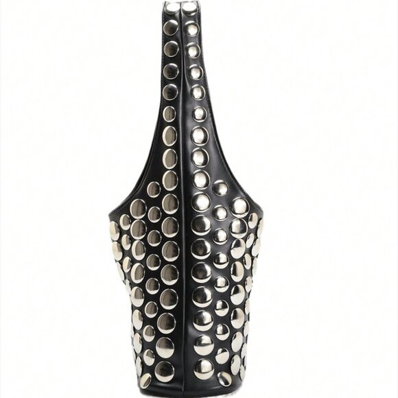 Women's Metal Stud contemporary black Bucket Bag - Picture 8 of 9